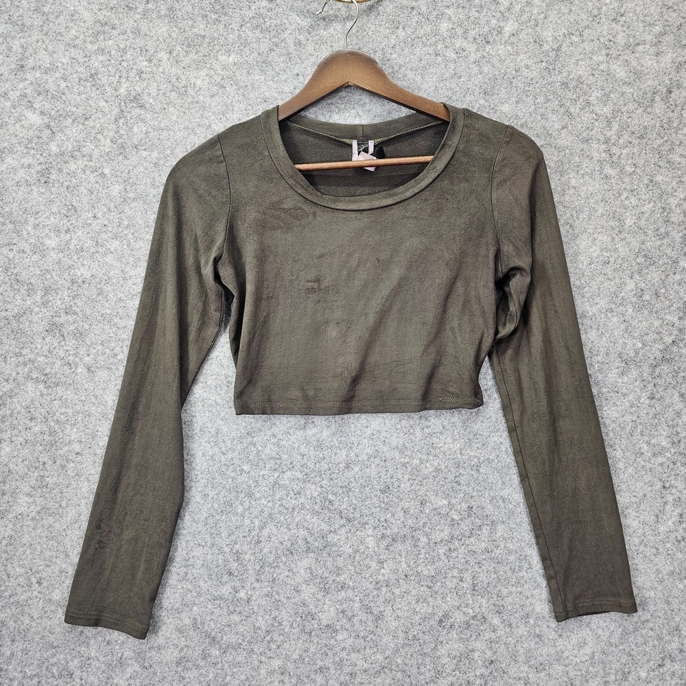 Long Sleeve Crop Top Womens Small Olive Green Stretch Y2K Grunge Baddie JnK USA